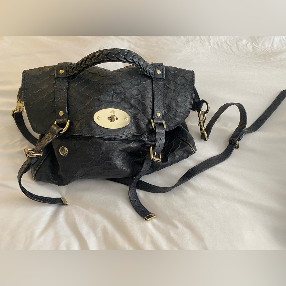 Navy Mulberry satchel with adjustable strap and top handle.